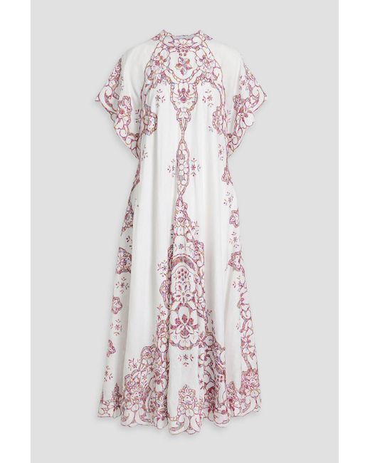 Costarellos Pink Embroidered Linen Midi Dress