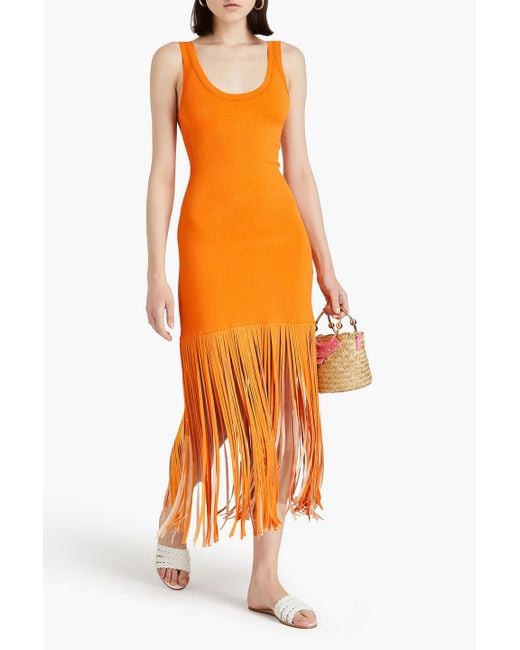 Sandro Orange Fringed Knitted Midi Dress