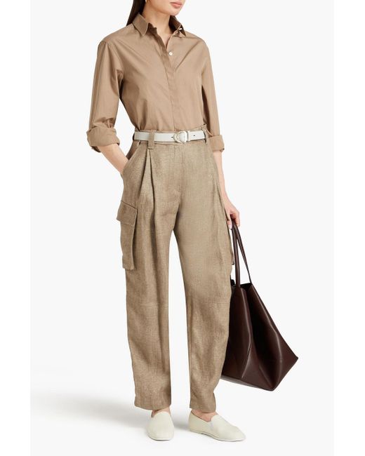 Brunello Cucinelli Natural Pleated Metallic Linen-blend Tapered Pants