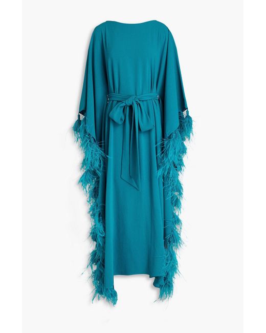 Huishan Zhang Blue Palma Belted Feather-trimmed Crepe Kaftan