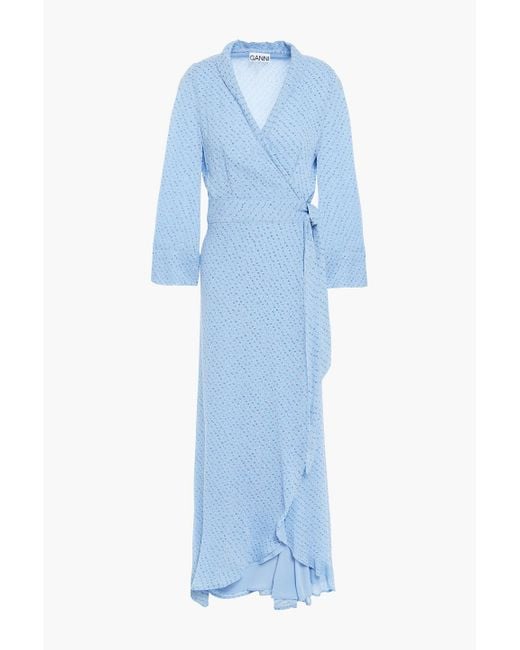 Ganni Blue Floral-print Georgette Maxi Wrap Dress