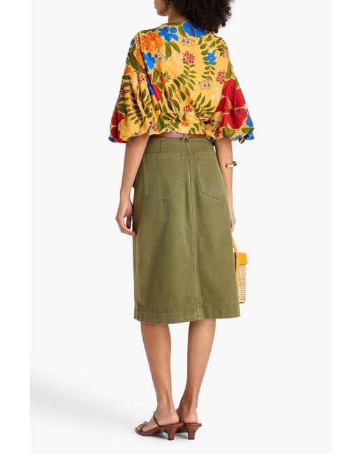 Farm Rio Orange Cropped Floral-Print Linen-Blend Top