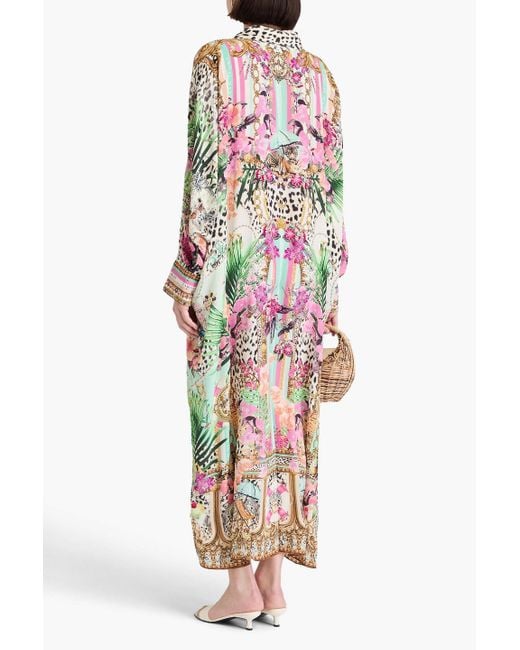 Camilla White Bedruckter kaftan aus crêpe de chine aus seide mit kristallverzierung
