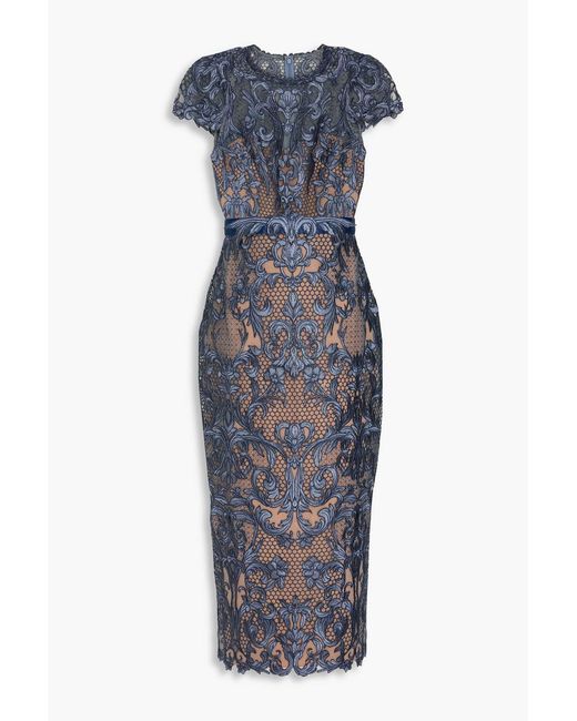 Marchesa Blue Guipure Lace Midi Dress