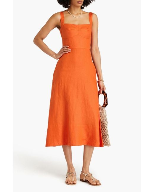Saloni Orange Rachel Linen Midi Dress
