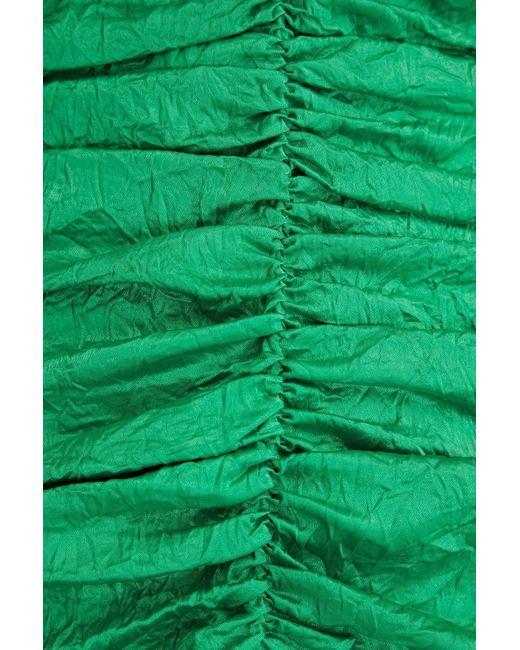 Ganni Green Ruched Crinkled Seersucker Midi Dress