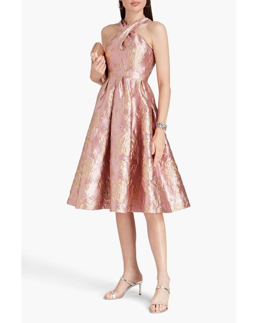 Huishan Zhang Pink Metallic Floral-brocade Midi Dress