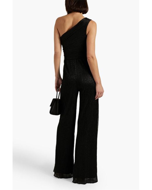 Halston Heritage Black Romee One-shoulder Metallic Crinkled Jersey Wide-leg Jumpsuit