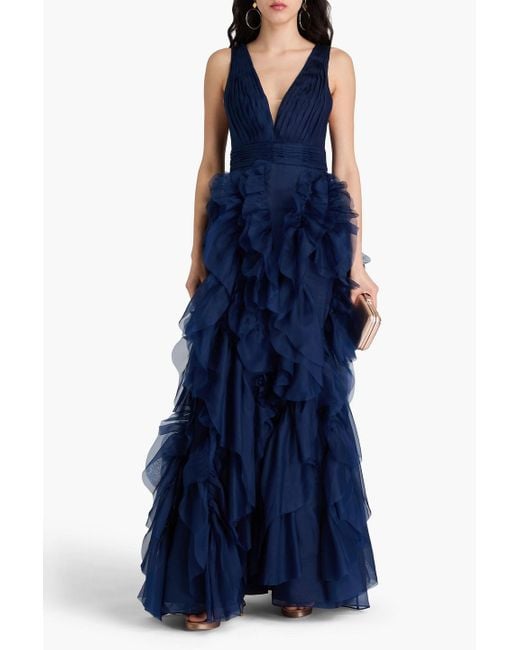 Marchesa Blue Ruffled Silk-Organza Gown