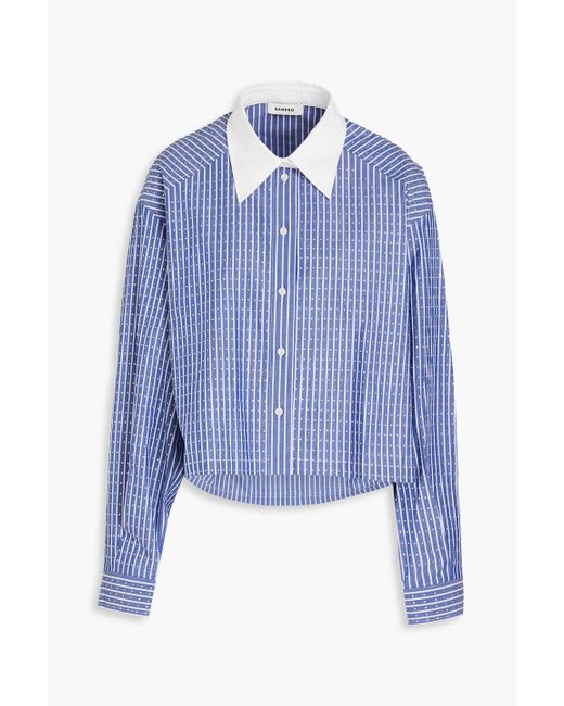 Sandro Blue Crystal-embellished Striped Cotton-poplin Shirt