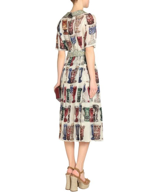 Dolce & Gabbana White Embellished Pleated Printed Silk-organza Midi Dress