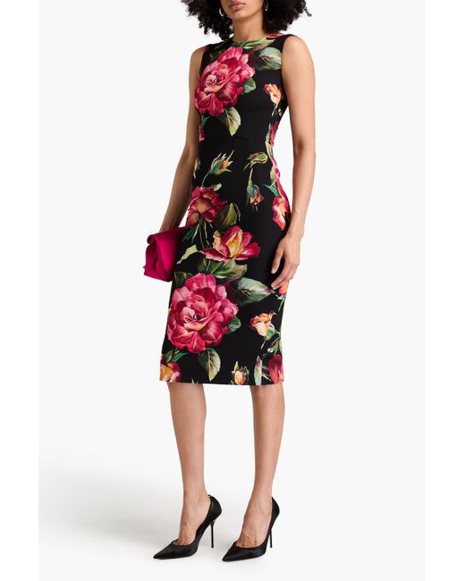 Dolce & Gabbana Red Midikleid aus crêpe de chine aus einer seidenmischung mit floralem print