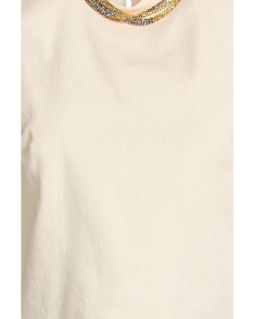 Sandro Natural Cropped Embellished Linen-blend Twill Top