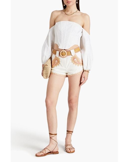 Zimmermann White Shorts aus leinen mit paisley-print, nieten und gürtel