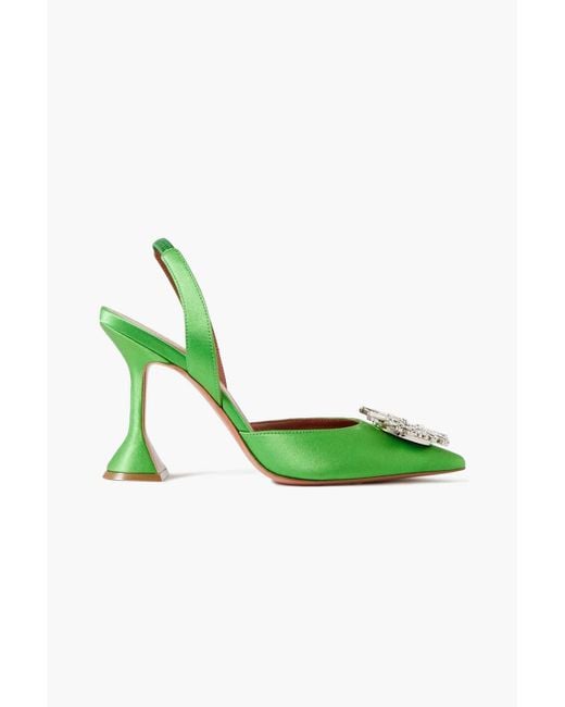 AMINA MUADDI Green Begum 95 Crystal-embellished Satin Slingback Pumps