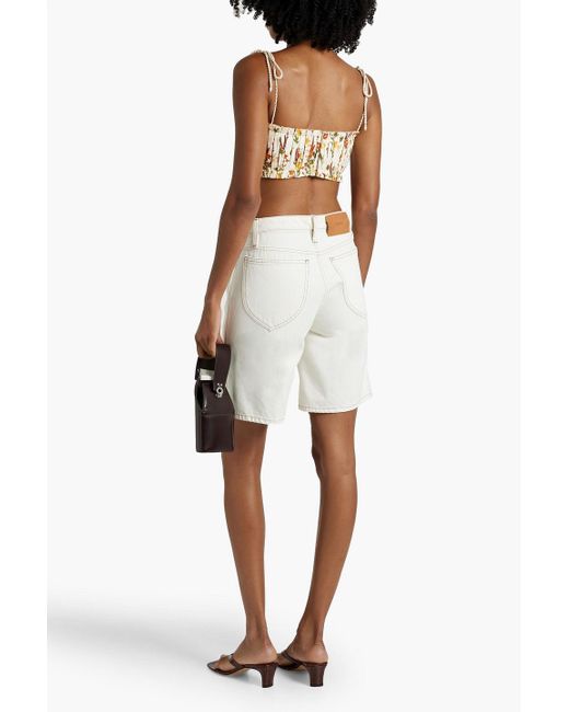 Agua Bendita White Moringa Clementina Cropped Pleated Floral-print Linen Bustier Top