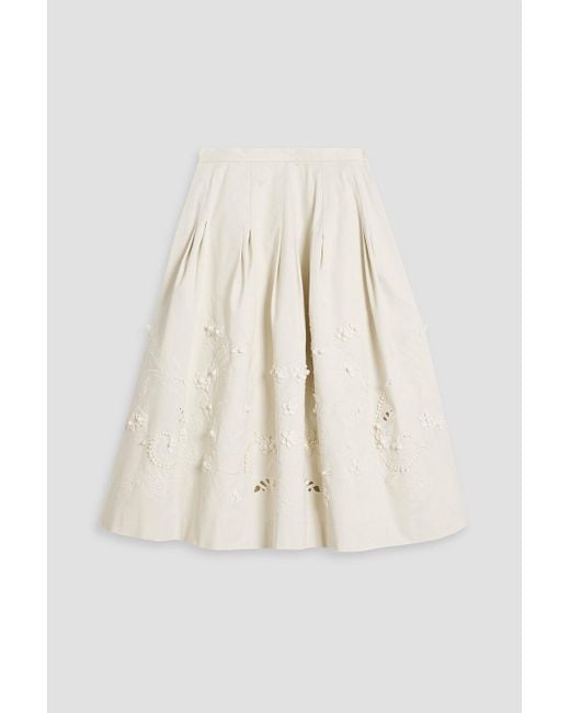 Carolina Herrera Natural Pleated Embroidered Cotton-blend Canvas Skirt