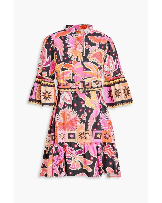 Farm Rio Red Belted Floral-Print Cotton Mini Shirt Dress