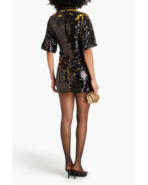 Ganni Black Ruched Sequined Georgette Mini Shirt Dress