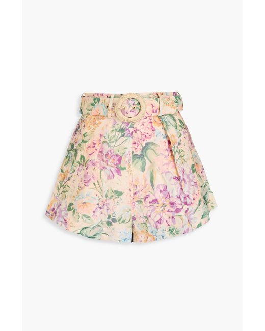 Zimmermann Pink Belted Floral-Print Linen Shorts
