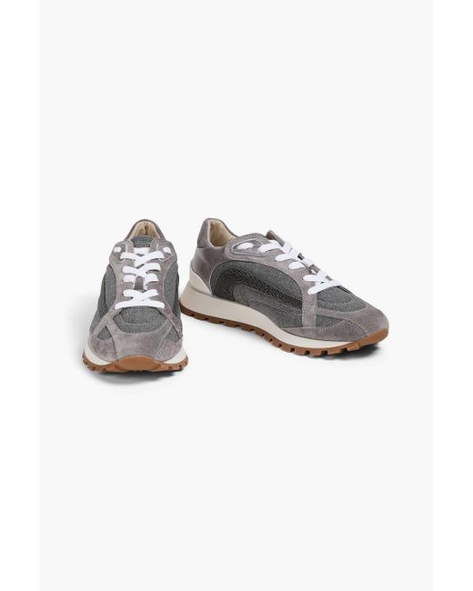 Brunello Cucinelli Gray Bead-Embellished Metallic Leather, Suede And Wool Sneakers