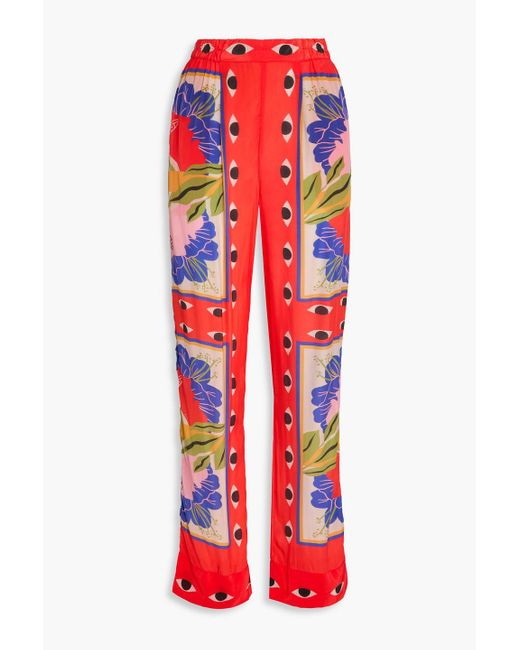 Farm Rio Red Printed Satin-twill Tape Pants