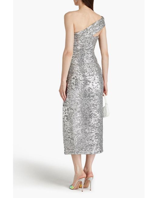 Jonathan Simkhai Gray Zay One-Shoulder Ruched Sequined Jersey Midi Dress