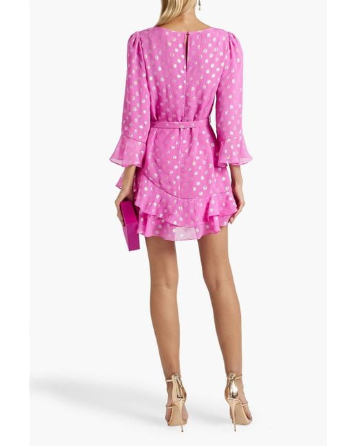 Saloni Pink Marissa Polka-dot Metallic Fil Coupé Silk-blend Chiffon Mini Dress