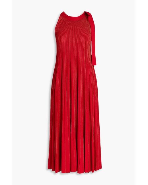 Elie Saab Red Metallic Ribbed-knit Midi Dress