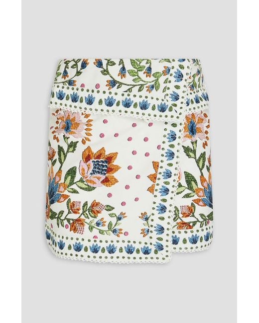 Farm Rio Gray Wrap-effect Floral-print Cotton Mini Skirt