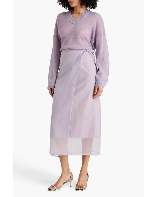 Brunello Cucinelli Purple Organza-paneled Cotton-blend Twill Midi Wrap Skirt