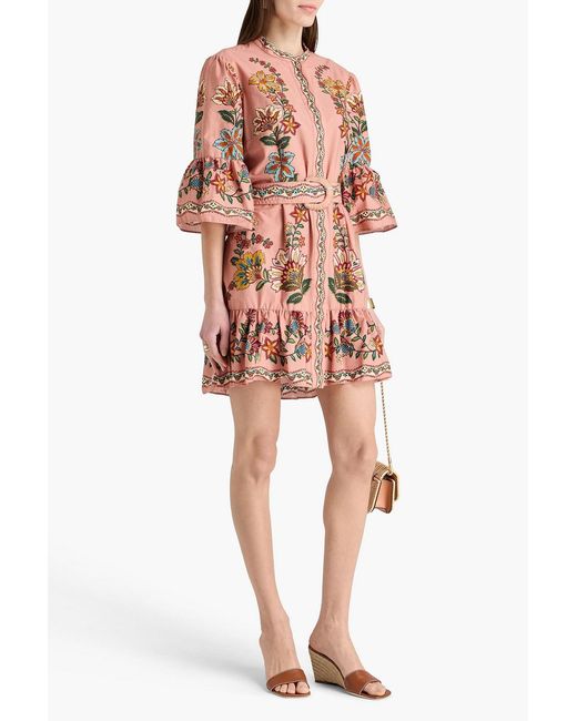 Farm Rio Pink Belted Floral-print Cotton-poplin Mini Dress