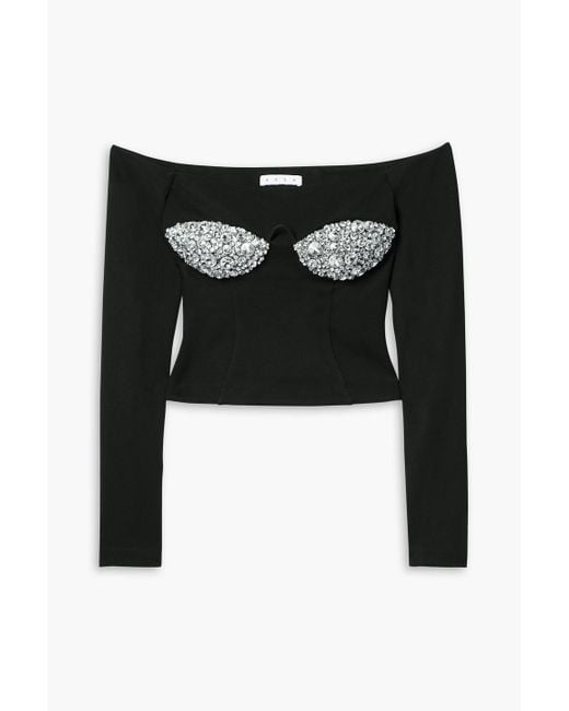Area Black Off-the-shoulder Crystal-embellished Ponte Top