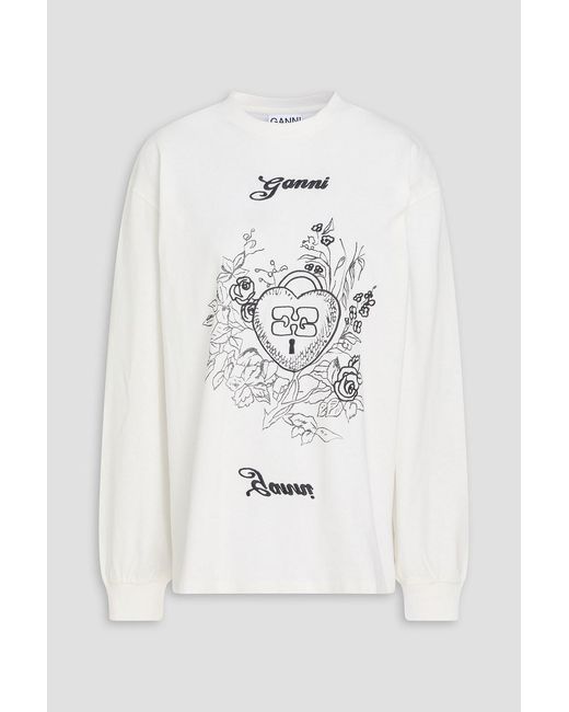 Ganni White Embroidered Printed Ribbed Cotton-Jersey Top
