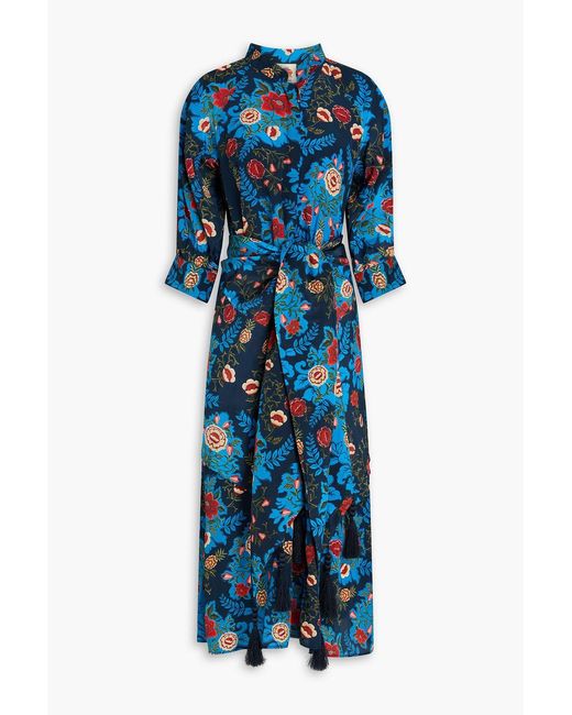 Farm Rio Blue Tasseled Floral-Print Crepe De Chine Midi Dress