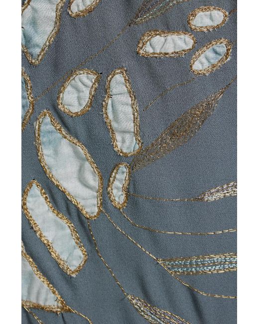 Valentino Garavani Blue Cotton-voile Paneled Embroidered Silk Crepe De Chine Wide-leg Pants