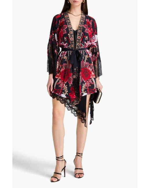 Camilla Red Crystal-Embellished Lace-Trimmed Floral-Print Silk Crepe De Chine Coverup