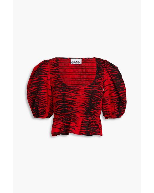 Ganni Red Shir Tiger-print Cotton-poplin Peplum Top