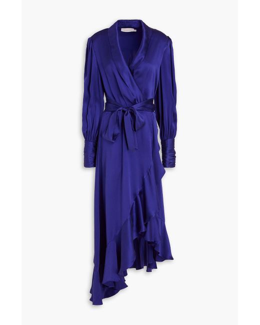 Zimmermann Blue Ruffled Silk-satin Wrap Dress