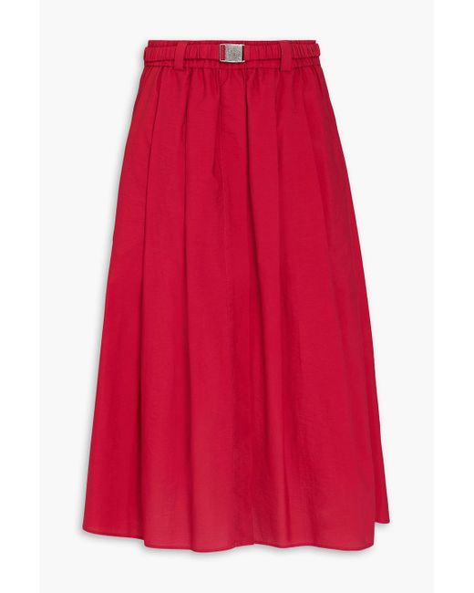 Brunello Cucinelli Red Plissierter midirock aus popeline aus einer baumwollmischung mit gürtel