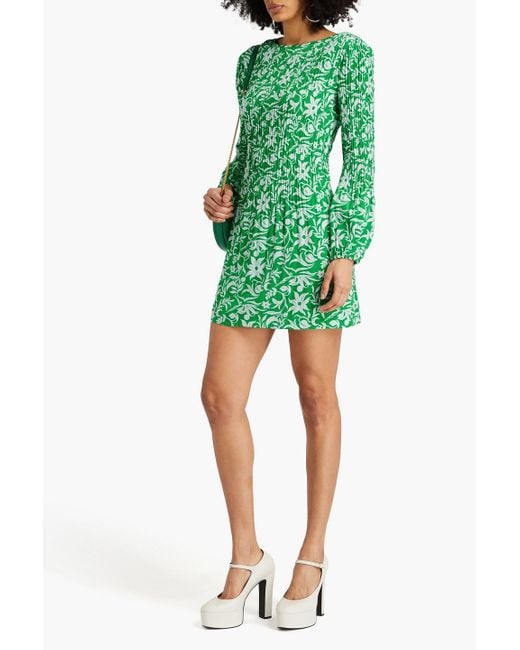 Maje Green Floral-print Plissé-crepe Mini Dress