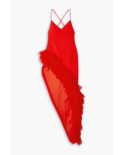 David Koma Red Asymmetric Tulle-trimmed Wool-crepe Maxi Dress