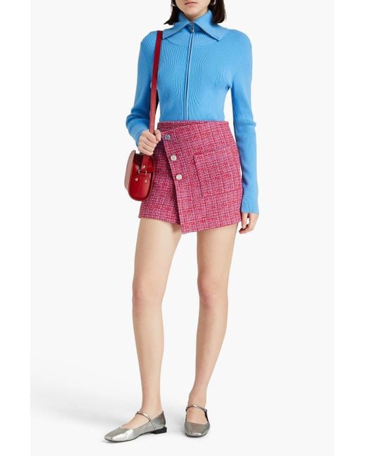 Maje Pink Pleated Wrap-effect Bouclé-tweed Mini Skirt