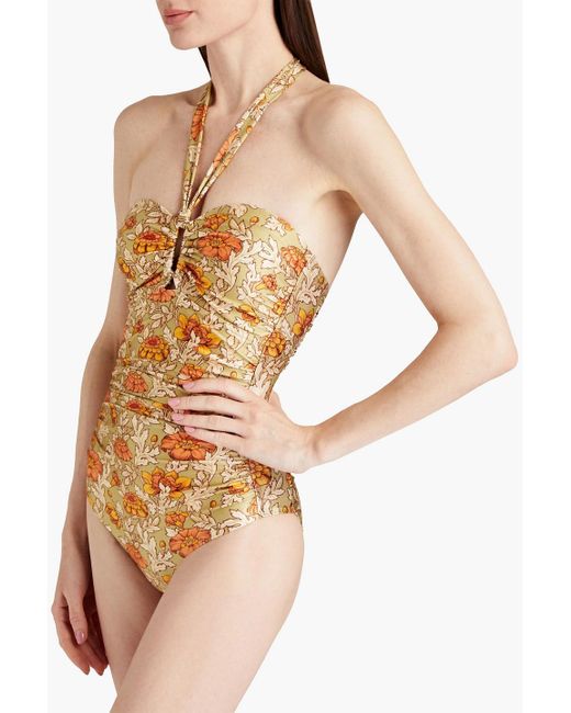 Zimmermann Metallic Andie Cutout Floral-print Bandeau Swimsuit