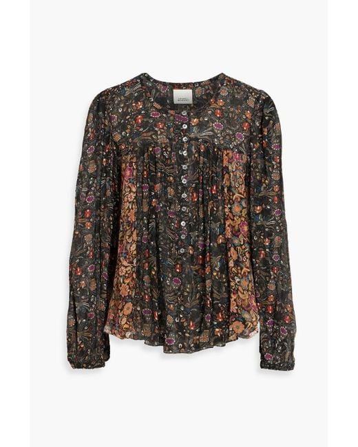 Isabel Marant Brown Ametissae Pintucked Printed Silk-Crepon Blouse