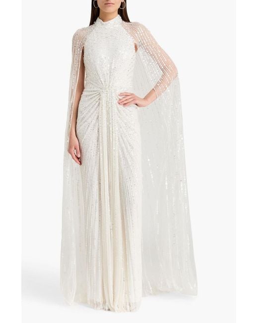 Jenny Packham White Cairo Cape-Effect Embellished Tulle Gown