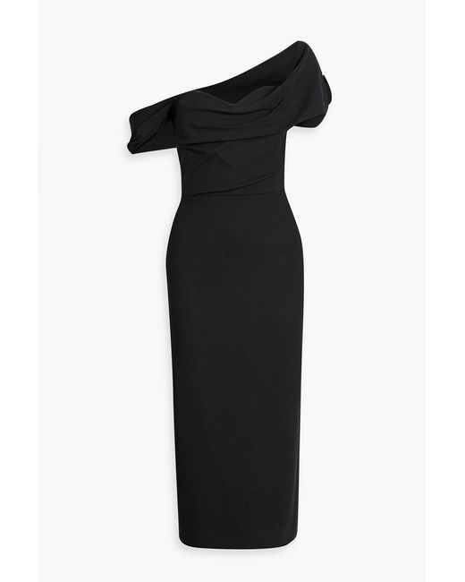 Carolina Herrera Women's Black One-Shoulder Draped Grain De Poudre Wool-Blend Midi Dress Carolina Herrera Women's Black One-Shoulder Draped Grain De Poudre Wool-Blend Midi Dress