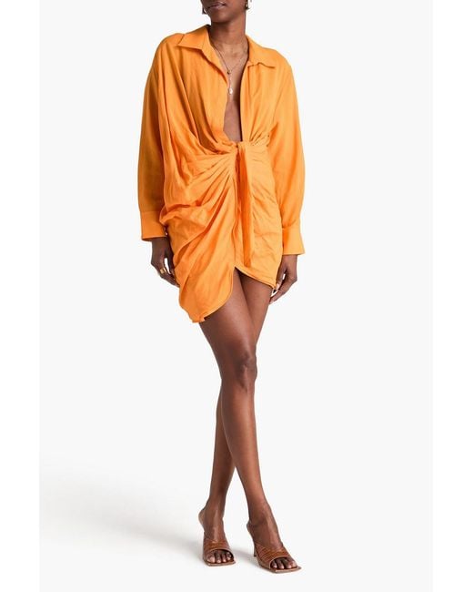 Jacquemus Orange Bahia Draped Woven Mini Shirt Dress