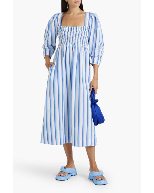 Ganni Blue Shirred Striped Cotton-poplin Midi Dress