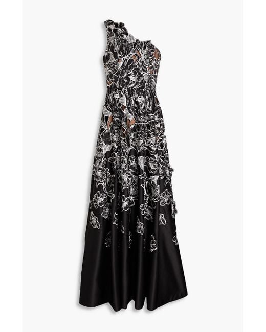 Marchesa Black One-shoulder Embroidered Duchesse-satin Gown